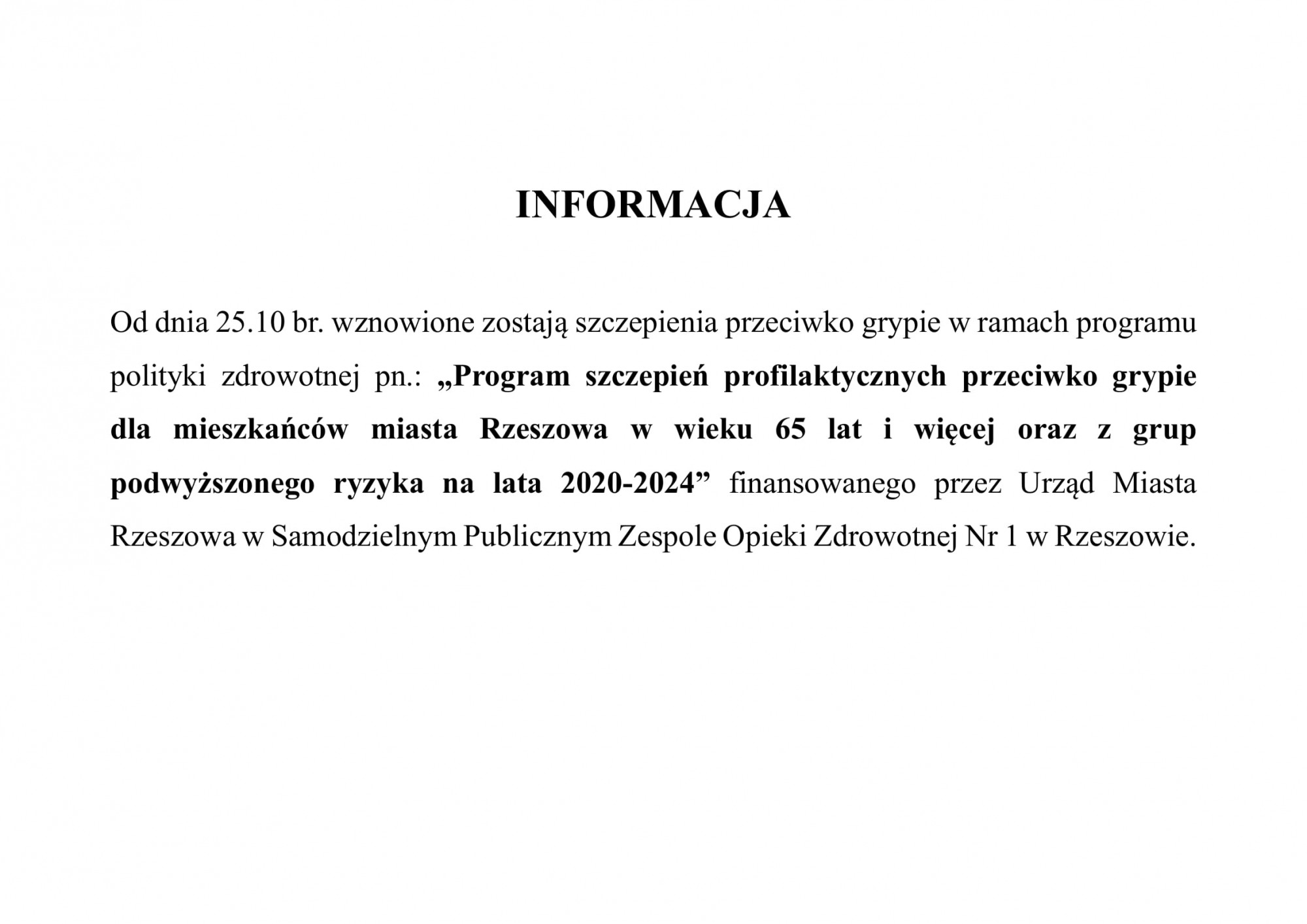 Informacja dotycząca wznowienia szczepień przeciw grypie od 245.10.2021 roku w placówkach SP ZOZ Nr 1 w Rzeszowie.